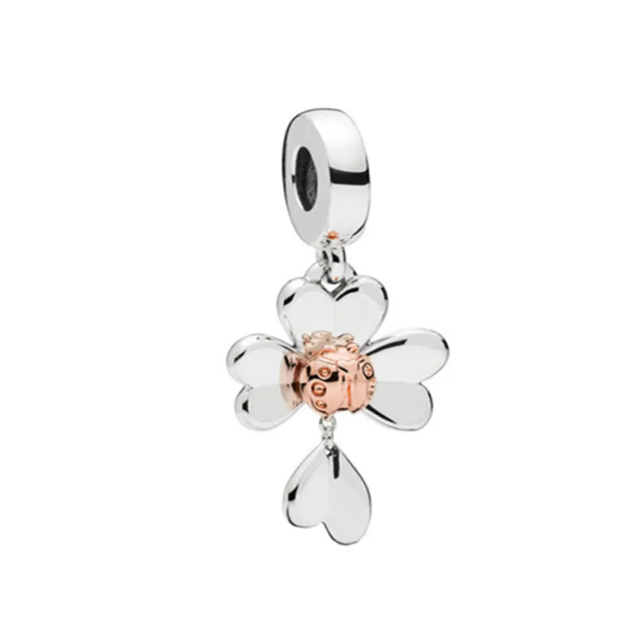 Nowy 925 srebrny wisiorek mody na oryginalną biżuterię Znakomita różowa złota Lucky Clover Clover Clover Kolekcja Flower Beads9530217