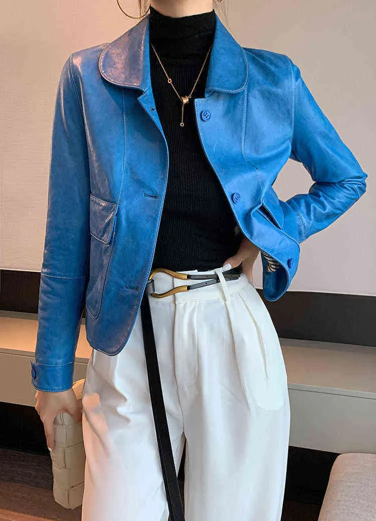 Blue Pu Leather Jacket Woman Autumn Winter Streetwear Single Breasted Basic Blazer Coat Female Korean Chic Vintage Jackets Tops L220801
