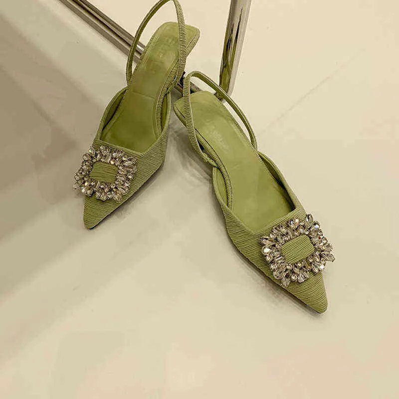 Fashion Crystal Buckle Sandal 2022 Women Shoes Flat Heel Pointed Toe Slingback Shoes Slip On Mules Green Dress Shoes G220525