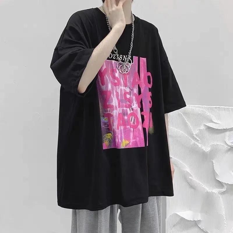 Camiseta masculina impressão rosa graffiti funni t estilo casual verão homem streetwear estilo coreano hip hop camiseta topo 0615