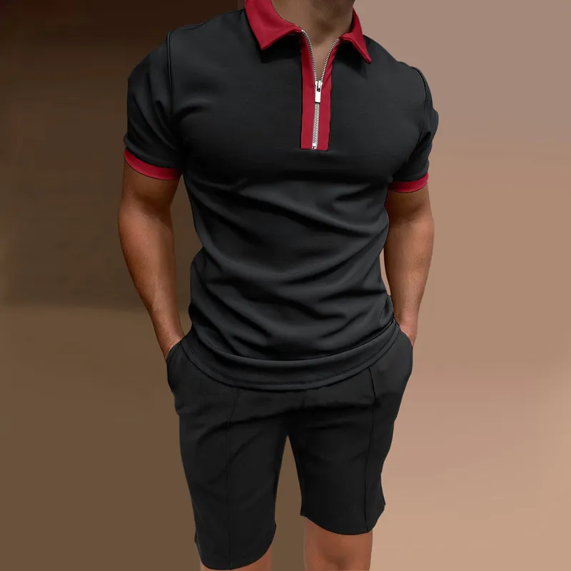 Printemps été hommes ensembles de vêtements de sport couleur unie zippe revers polo costume jogging en plein air short de sport décontracté ensemble 2 pièces 220601