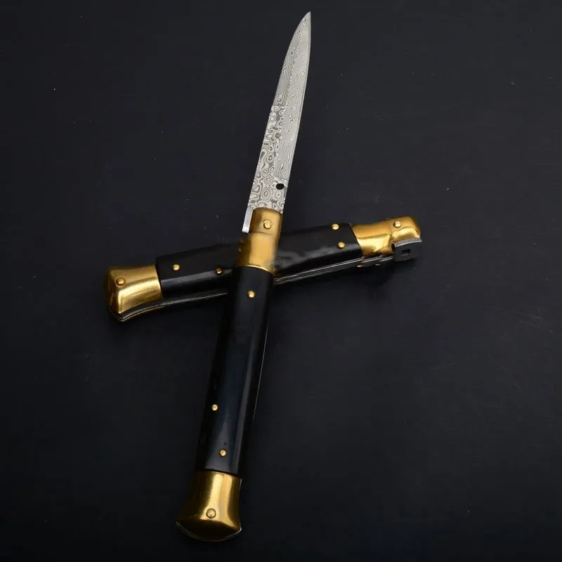 9 -calowy włoski ojciec chrzestny Mafia Stiletto Automatyczne składanie kieszonkową nóż Damascus Blade Horn Rękojeść na zewnątrz taktyczne dżungla 8565054
