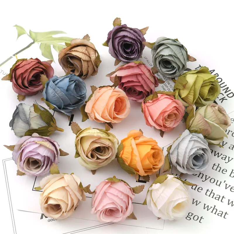 4cm White Rose bud Artificial Silk Flower Heads Wedding Decoration DIY Wreath Scrapbooking Craft Fake Flowers 220406