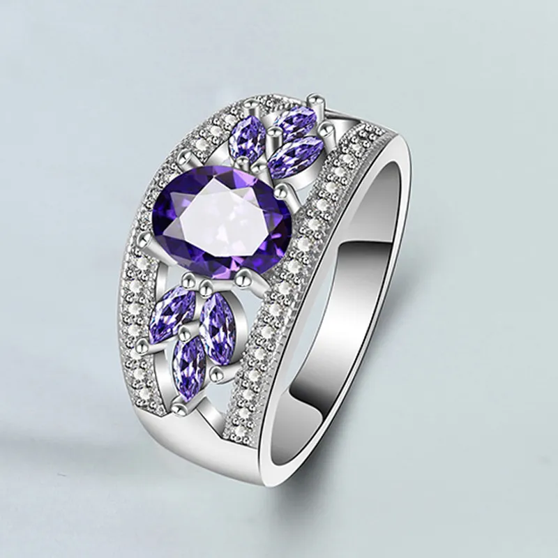 New Popular Female Rings Original Sterling Silver Flower Shaped Amethyst Wedding Party Fashion Jewelry for Women Girls Gift R080