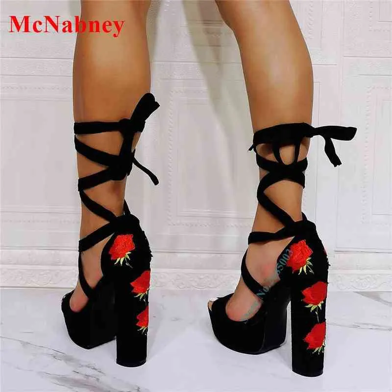 Cross Tied Rose Printed Sandals Open Toe Chunky High Heel Platform Lace Up Suede Women Summer Daliy Party Dress Show Sandals 220514