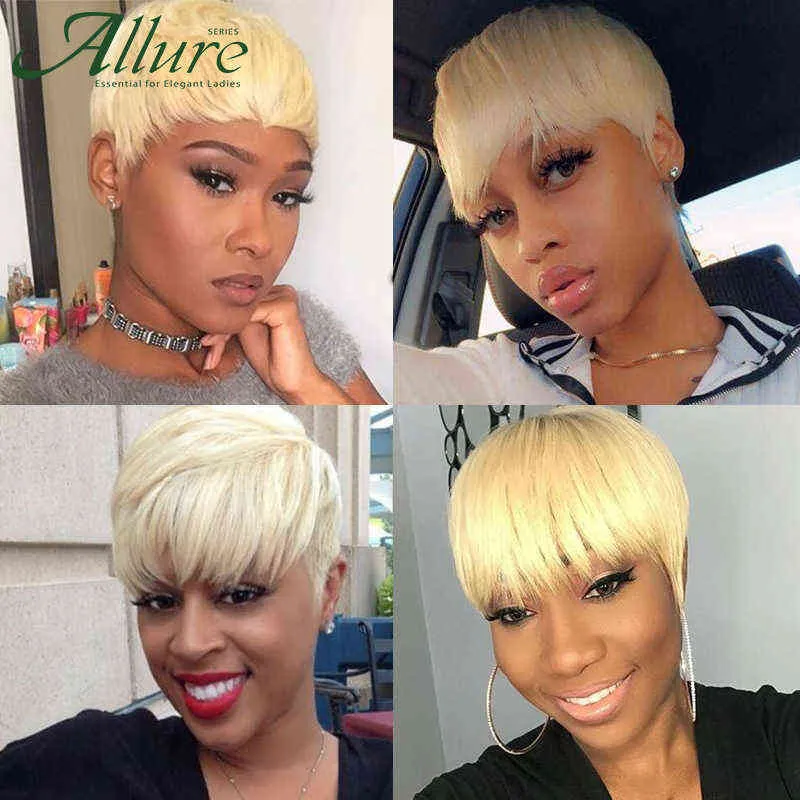 Haarperücken 613 Blonde Pixie Cut Short Bob Human für Frauen Ombre 99j Schnitte mit Pony Kleberloser brasilianischer Allure 220722