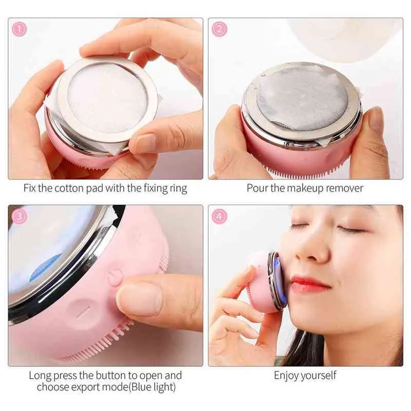 2-IN-1 Face Deep Cleaning Silicone Brush Blackhead Pore Cleaner LED Photon EMS Vibration Heating Massager Skin Rejuvenation Lift 220514