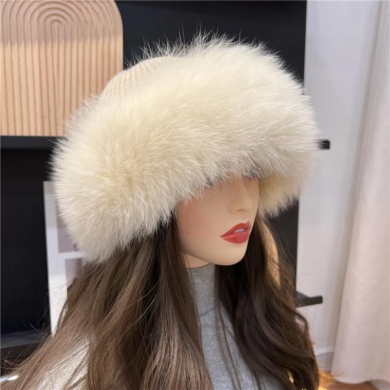 ビーニースカルキャップ女性冬の温かい厚い帽子本物の毛​​皮トリミングガールズフッフィーキャップニットウールアウトドアビーニースカルビーン283t