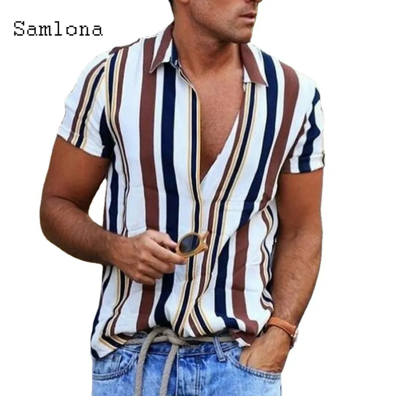 Män mager toppar modell skjorta kort ärm lapptäcke strip blus singelbröst sommar avslappnad skjorta sexiga herrkläder 220527