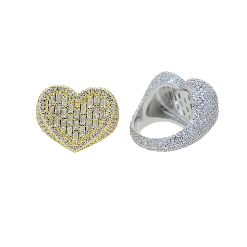 Grand anneau en forme de cœur entièrement pavé, Baguette blanche CZ glacé, Zircon cubique carré, bijoux d'amoureux de la mode pour femmes et hommes 271j