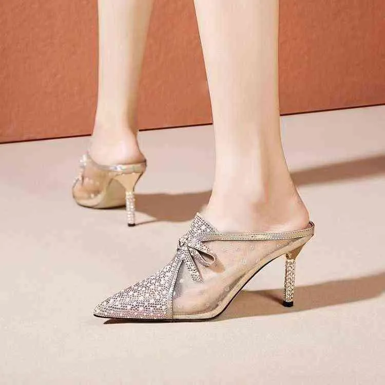 2022 Estate nuovi sandali a punta con tacchi alti moda sandali a spillo strass pantofole fresche le donne fuori scarpe da donna a spillo G220527