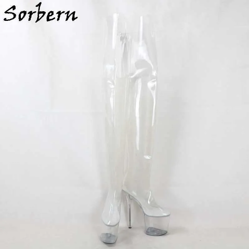 Sorbern Clear Transparent Boots Sexy Fetish Shoes Over The Knee Thigh High Boots Unisex 20Cm Heel/9Cm Platform Women Shoe