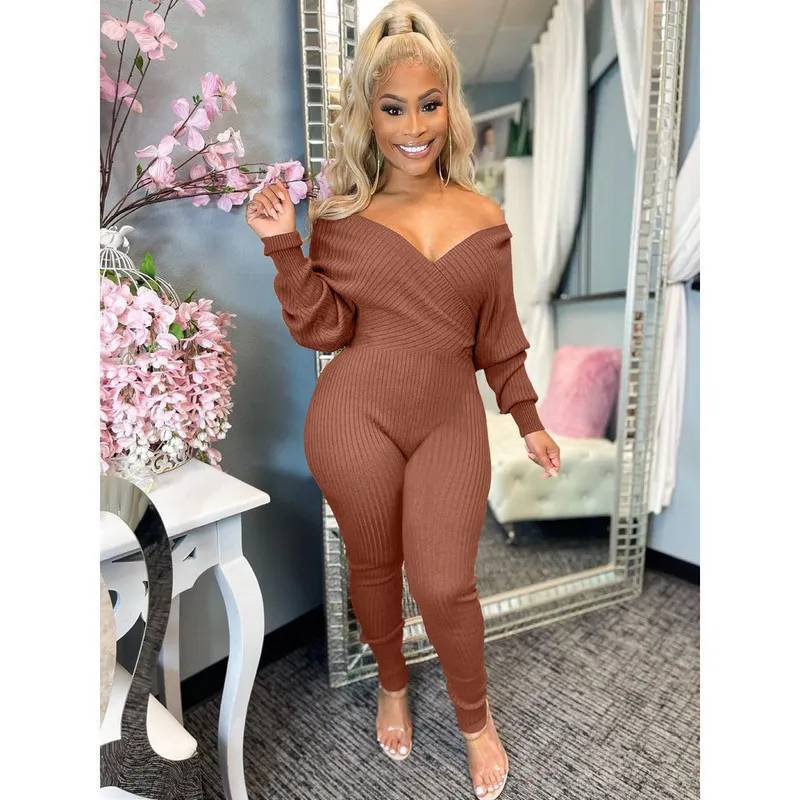 Classy casual winter clothing off shoulder ribbed v neck rompers women bodycon jumpsuit 220801