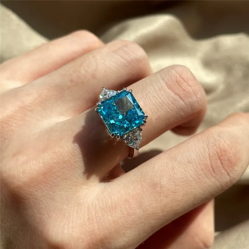 Роскошные ювелирные кольца из стерлингового серебра 925 пробы высшего качества 8А, дизайнерское кольцо из циркония с ледяными цветами для женщин, квадратное розовое, синее, белое Dia288G