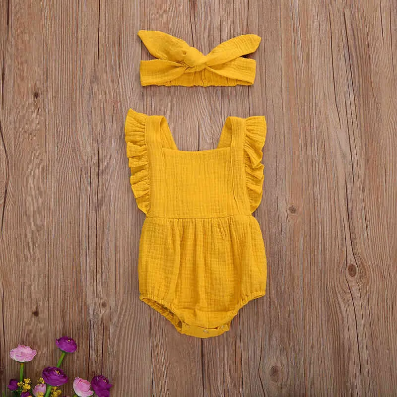 Nyfödda babyflickor 2-delad outfit Set Fly Sleeve Solid Color Square Collar Romper och pannband Fashion Set G220521