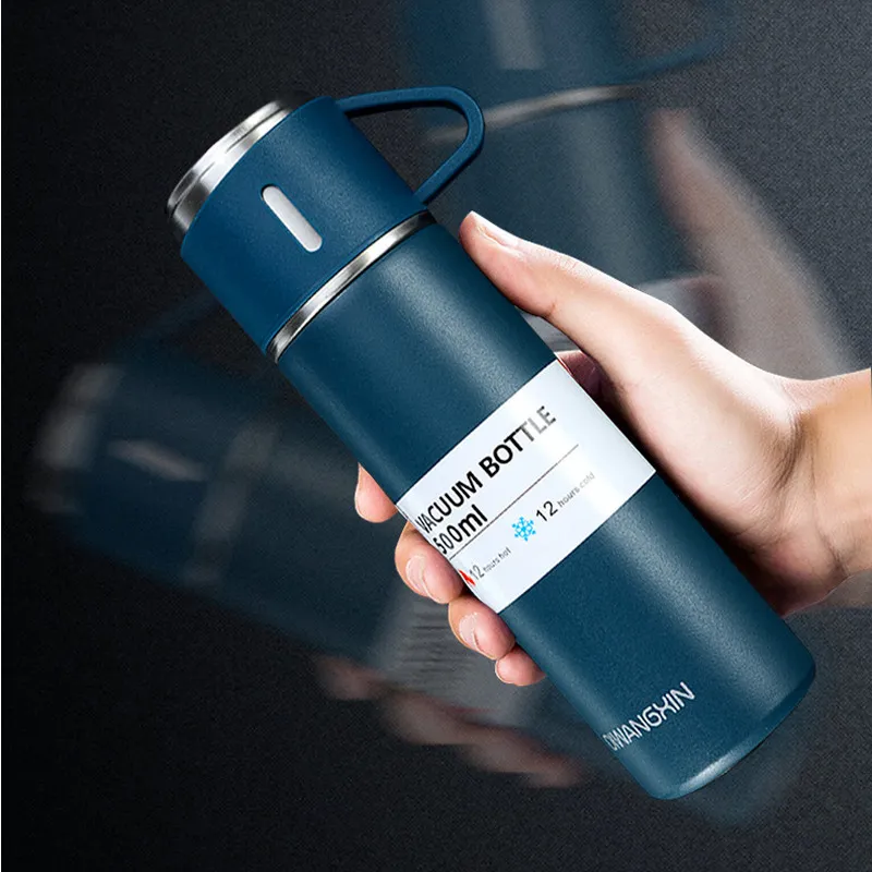 500ml Business Thermos with Portable Cover Double Wall Stainles Steel Water Keep &Cold Customize Bottle Gift 220706