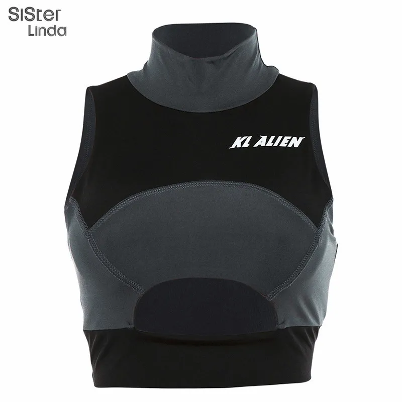 Sisterlinda Sexy Hollow Out Fitness Tank Top Bra Tees Fall Neeveless Patchwork Turtleneck Cropped Letter Print Sportswear 220521