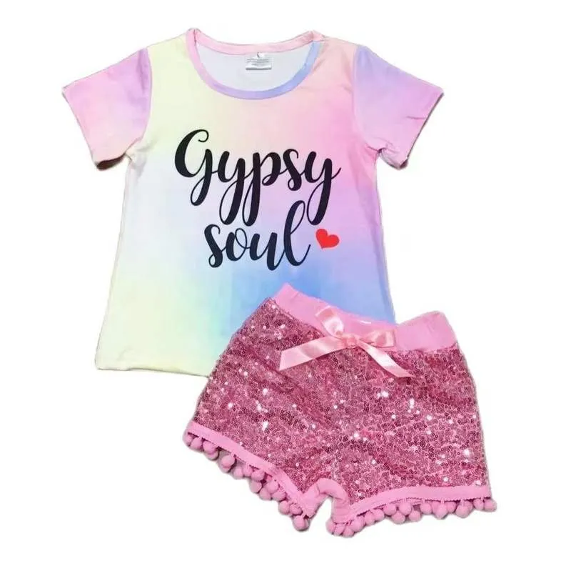 Girlymax Summer Baby Girls Children Clothes Tie Dye Lavender Black Coral Sequins Shorts Set Outfits Ruffles Boutique 220419