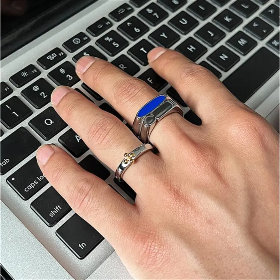 2022SS Korean Style Blue Double-Layer Oregelbundna ring Herrkalla avancerade minimalistiska nisch high street Titanium Steel Jewelry267T