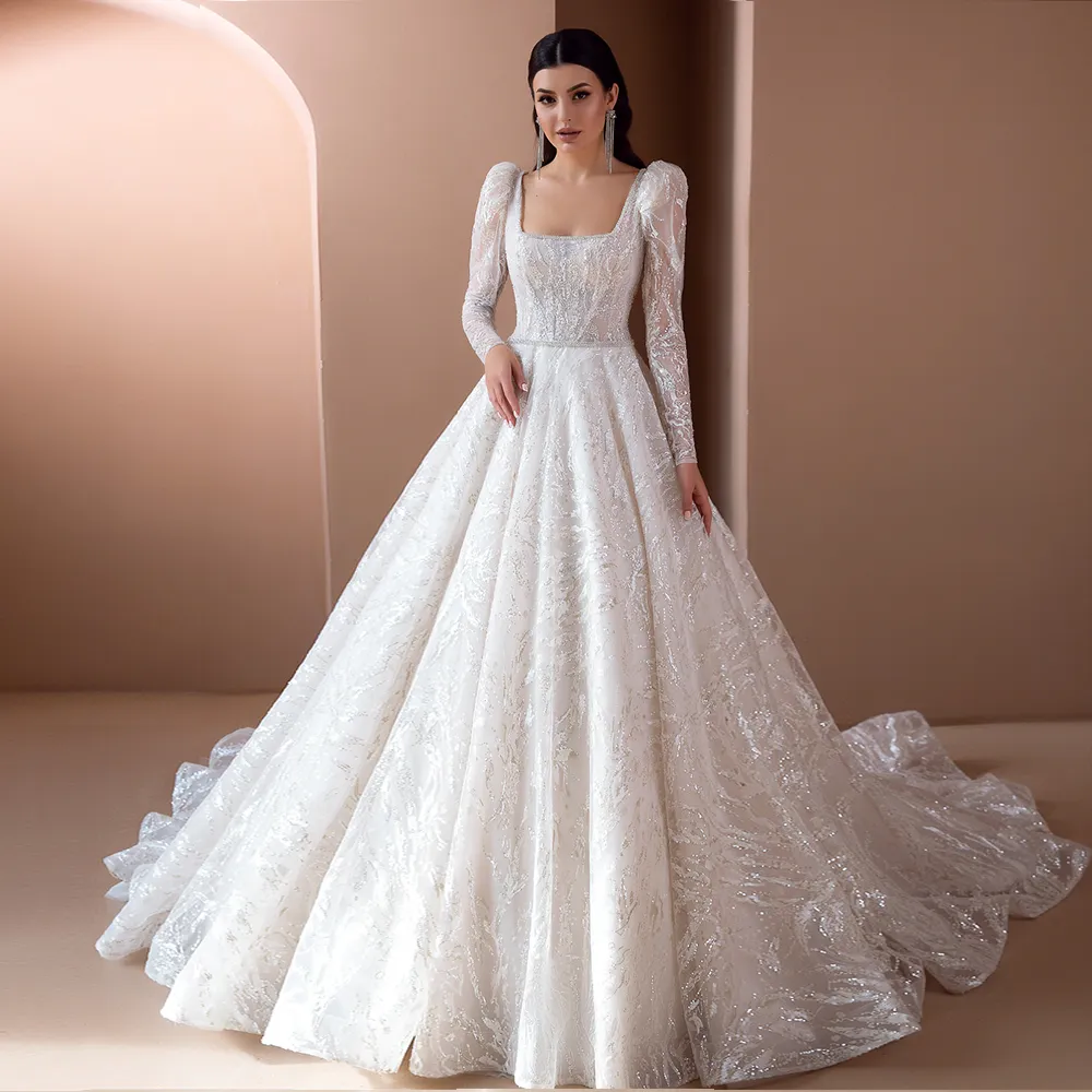 Vestido de noiva długie rękawowe suknia balowa sukienka ślubna szaty paska de Mariage luksus kłopot