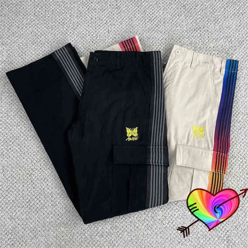 Bunte Streifen Nadeln AWGE Hosen Männer Frauen Stickerei Schmetterling Nadeln Hosen 2022 Multi Zip Taschen Jogginghose T220803