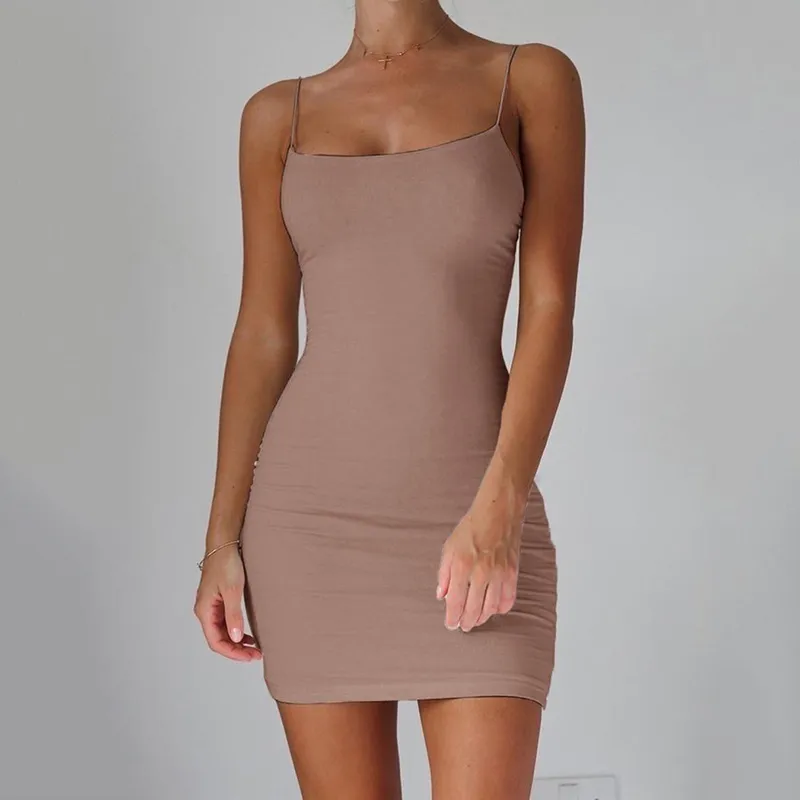 Sexy spaghetti riem camisole mini jurk dames bodycon club feestjurken zomer pure kleur zonsondergang plus maat xs 5xl 220518