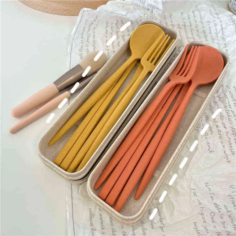 Portable Reusable Spoon Fork Travel Picnic Chopsticks Wheat Straw Tableware Cutlery Set With Carrying Box For dent Office Y220530