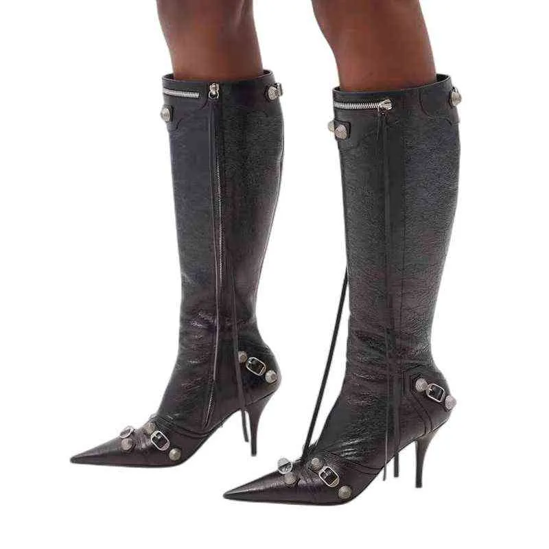 Nuove donne slim tacco alto fibbia in metallo catena scarpe di lusso moda comoda punta a punta stivaletti stiletto corto 220815
