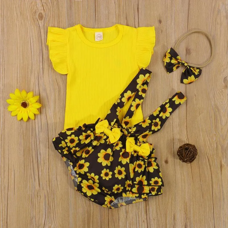 Clothing Sets Infant Baby Girls Summer Clothes Cotton Short Sleeve Tops Floral Printed Bib Shorts Headband Outfits 0-18M