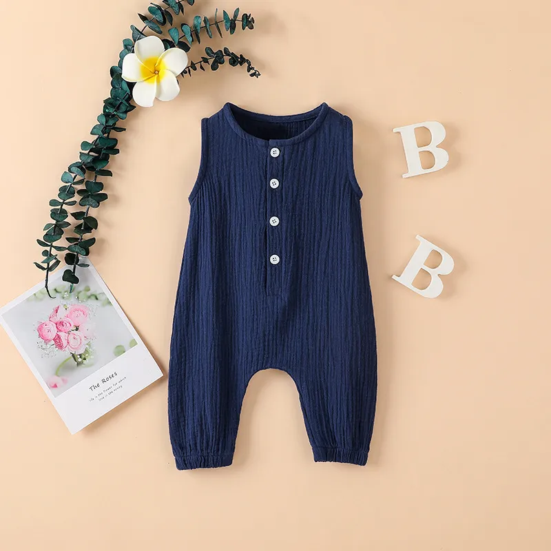 Summer Born Infant Baby Boys Girls Romper Jumpsuits Onepiece Overalls Solid Color Sleeveless Muslin Spädbarnskläder 220707