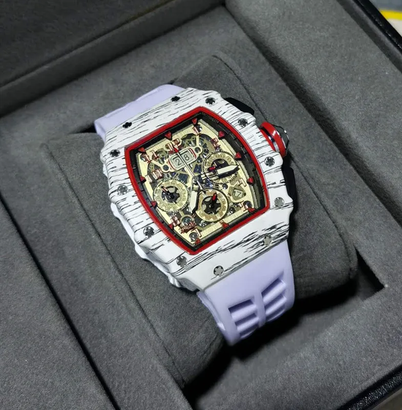6-pins heren van hoge kwaliteit diamant kwarts horloge holle glazen achterkant roestvrijstalen kist horloge zwart rubber