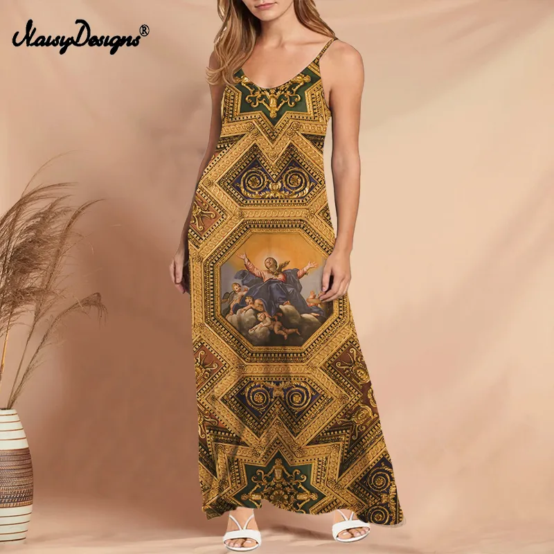 Noisydesigns robe sans manches femmes été doré Floral Vintage luxe modèle européen longue jupe à bretelles femme Boho fête 220627