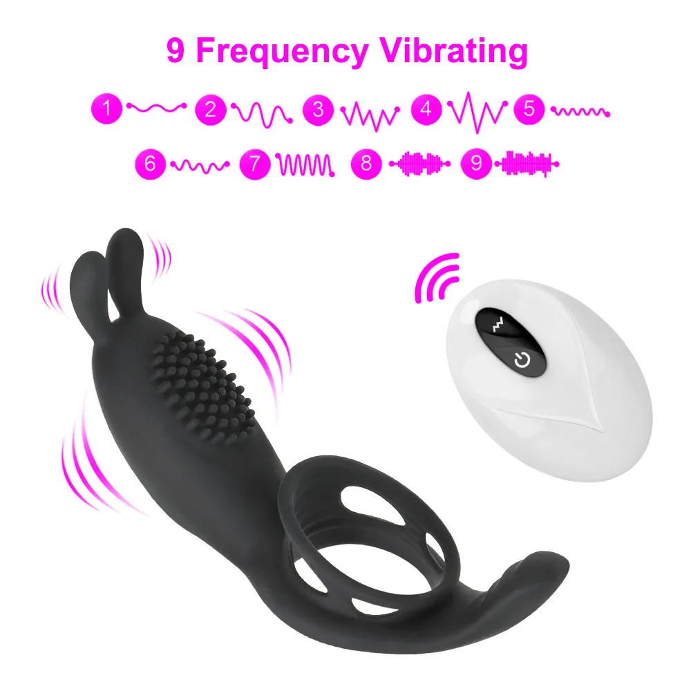 Control remoto 9 frecuencia 2 en 1 anillo vibrador para pene retraso masculino eyaculación juguetes sexy para parejas estimulación del clítoris del punto G