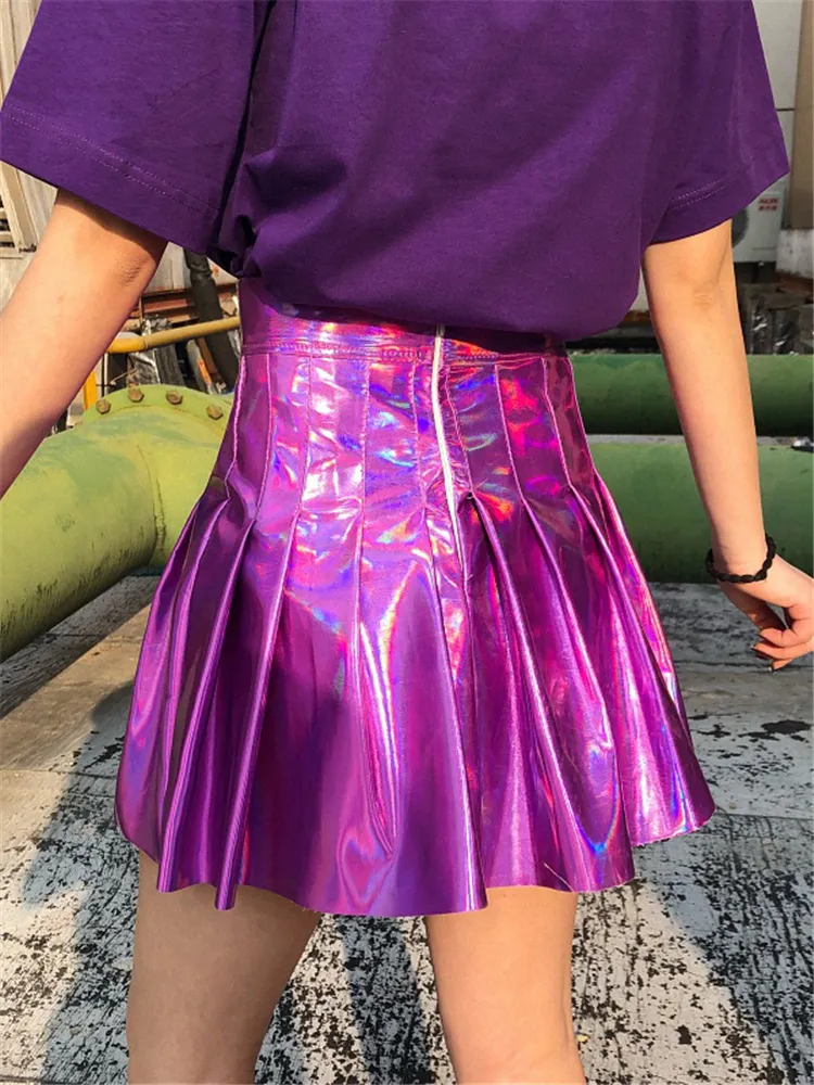 Jo's Magia Box Y2k голографические плиссированные сексуальные женские мини-юбки из искусственной кожи радуга лазерная Harajuku Party Club женские с высокой талией 220322