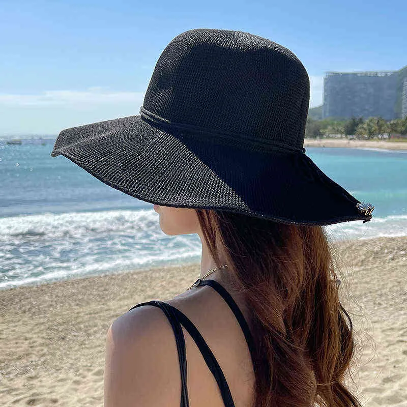 2022 Estate da donna il tempo libero Panama FemaleTravel Parasole Protezione solare Cappello da secchio Lady Fashion Beach Cappelli di paglia G220418