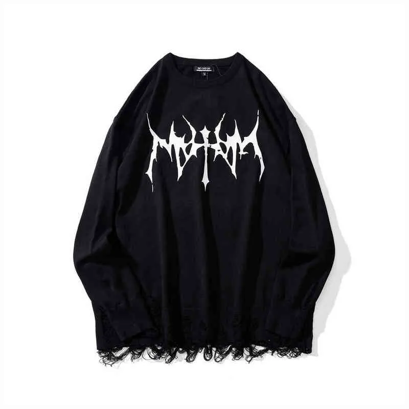 2021 Dark streetwear Letter Print gescheurde punk mannen lelijk gebreide trui hiphop harajuku zwarte pullovers lounge slijtage homme t220730