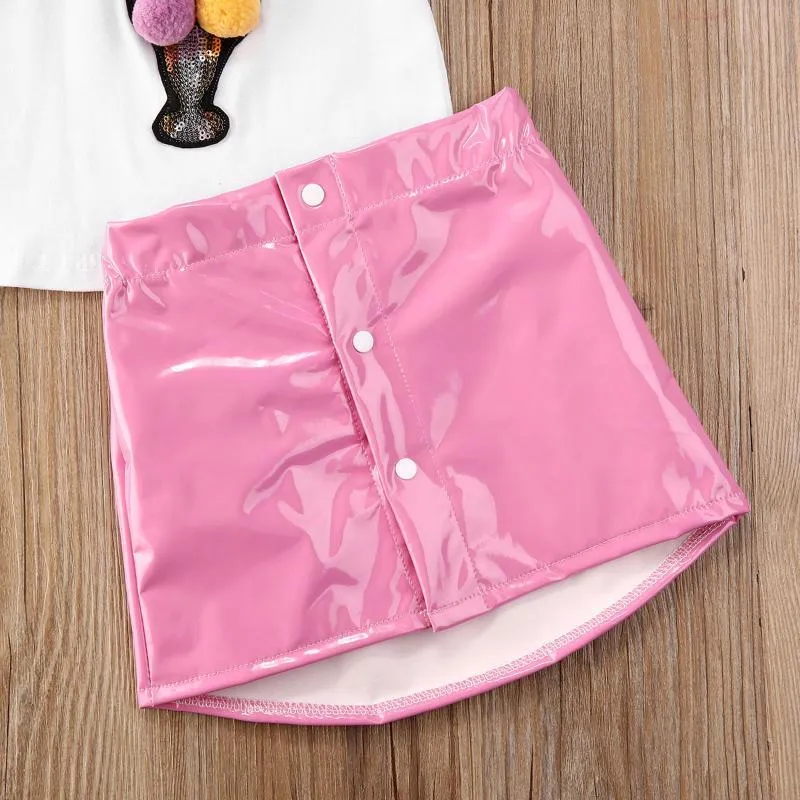Ensembles de vêtements 1-5Y été mignon enfant en bas âge bébé filles vêtements à manches courtes imprimé t-shirts hauts + jupes en cuir PU rose