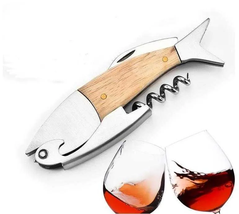 carino a forma di pesce a forma di vino manico in legno professionale apri metallici multifunzione vite multifunzione corkscrew apribottiglie di vino