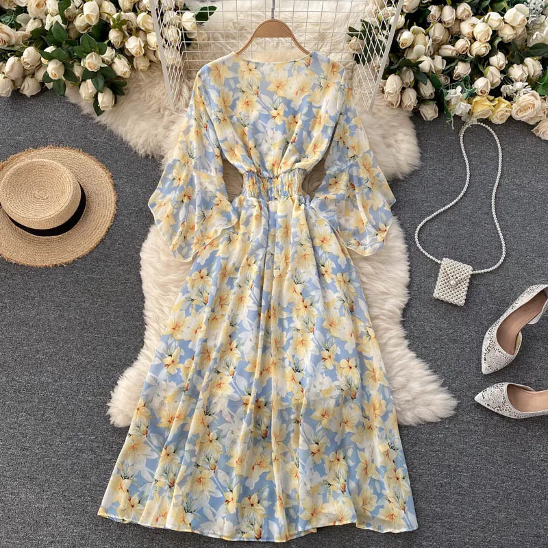 FMFSSOM Bohemian-Stil Blumen-Maxikleid für Damen, Sommer, Schleife, Gürtel, elastische Taille, Weiß mit Futter, V-Ausschnitt, Betterfly-Ärmel, Kleidung 220517