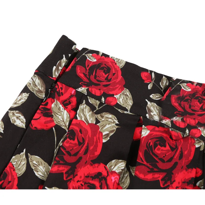 High Waist Floral Rockabilly Pleated Skirts Womens Summer Red Rose Flower Boho Vintage Skirt Midi Plus Size 3XL Clothing 220317