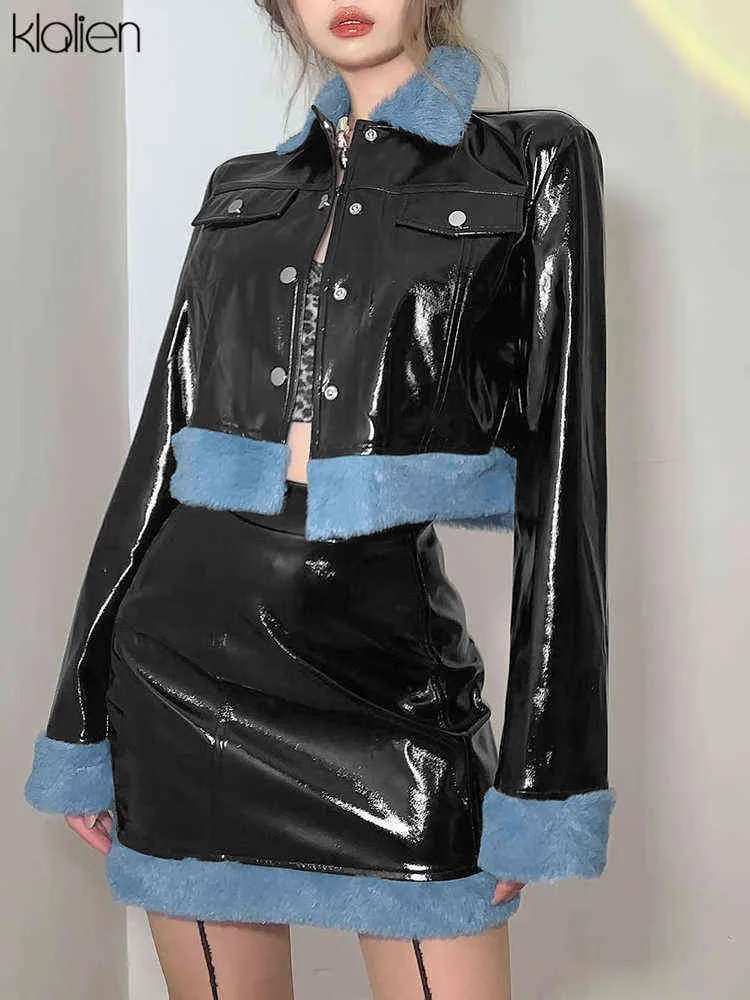 Klalien Fashion Casual Patchwork Pu Leather Long Sleeve Turndown Collar Single Breasted Jacket For Women Cool Streetwear Coat L220801