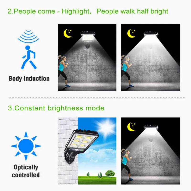 Cob Solar Led-straßenleuchte Wasserdicht Pir Motion Sensor Smart Fernbedienung Lampe W Outdoor Garten Sicherheit Wand licht J220531