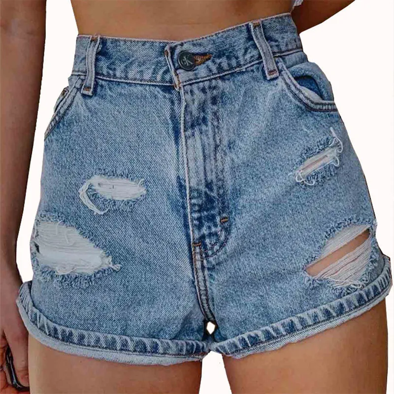 Short en jean pour femmes imprimés déchirés mode taille haute bleu décontracté été jean pour femmes Feminino Chic dames bas 220427