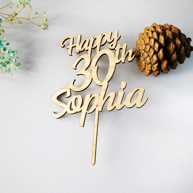 Nome personalizado e idade do bolo de feliz aniversário Topper Rustic Cake Topper para Anniversary Personalizado espelho de madeira Decoração de festa de ouro 220618