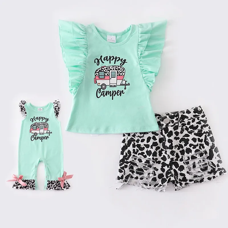 Girlymax Summer Sibling Baby Girls Smocked Floral Lemon Camper Leopard Ruffles Woven Shorts Set Romper Kids Clothing 220531