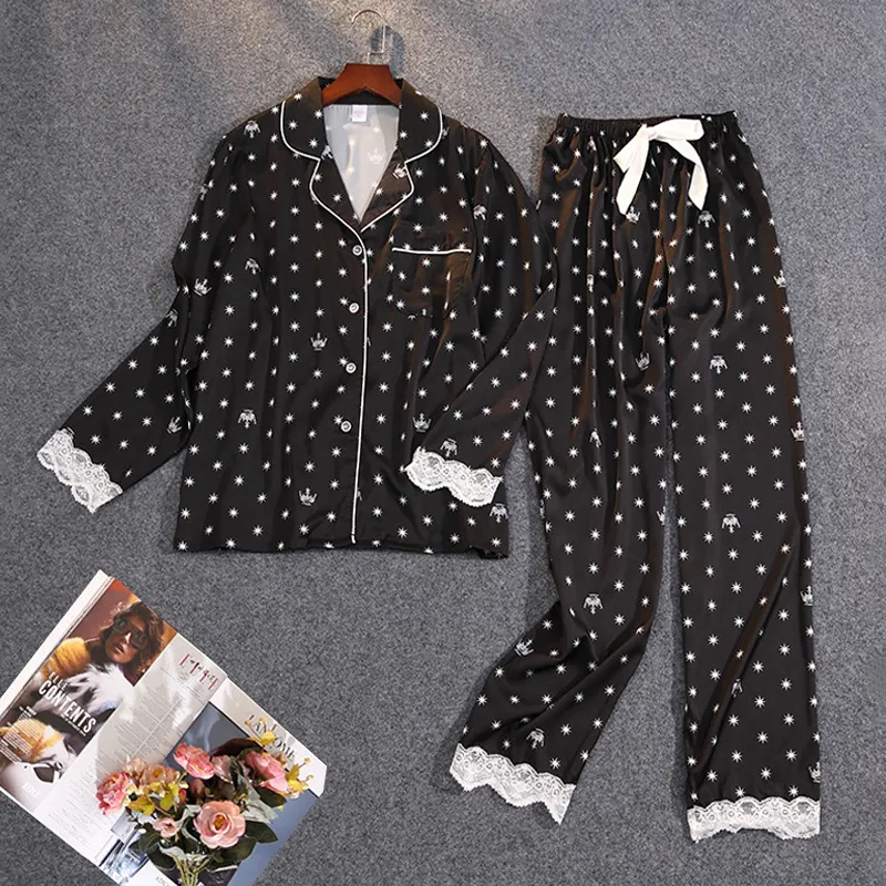 Ice Silk Pyjama Sets Dames Printing Pyjama Lange Mouwen Button Herfst Winter Home Suits Revers Sexy Linger Kant Pijama 2pack 220329