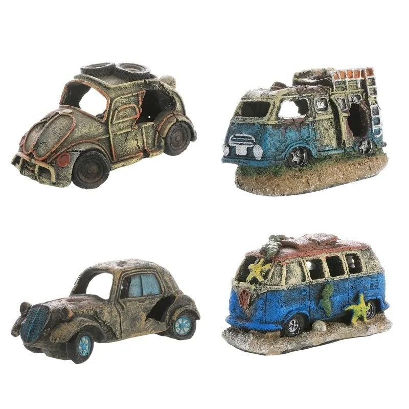 Fish Tank Decoration Aquarium Hideaway Broken Vehicle House with Cave Resin Wreck Car Ornament Landscaping Accessories 2203266656935