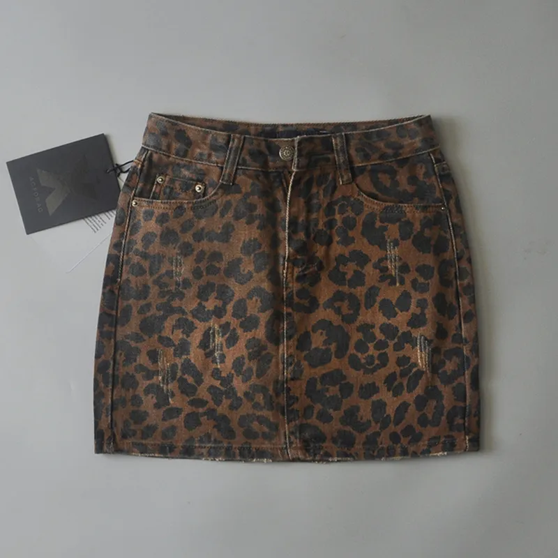 Sexy ripped leopard print skirts mini denim Streetwear pencil high waist faldas mujer moda 220322
