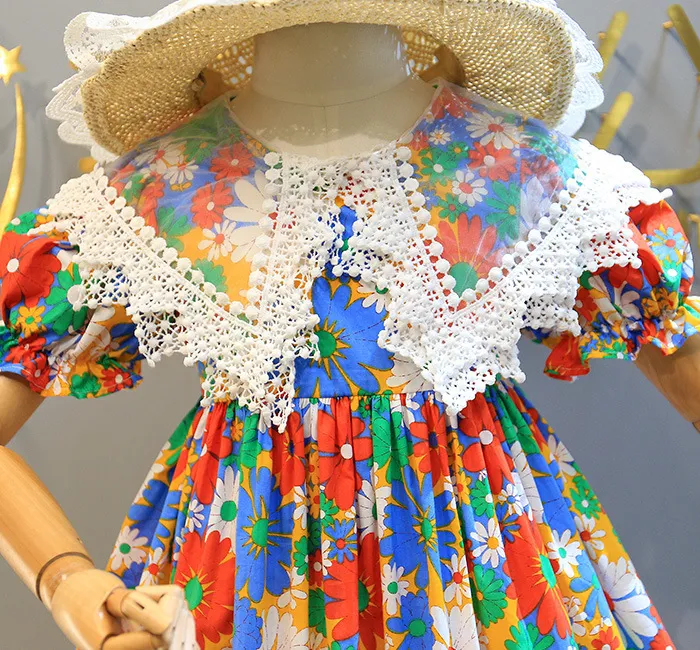 Meisjes jurk geen hoed Europese Amerikaanse stijl zomer kinderkleding baby kinderen prinses feest kant revers floral 220422