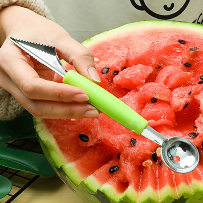 Double Head Watermelon Ball Scoop Rvs Ice Cream Dig Ball Lepel Plastic Handvat Grave Mes Keuken Servies BH6383 TYJ